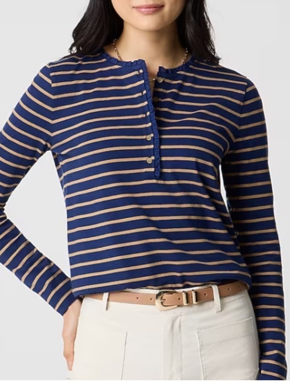 J CREW Striped Navy and Tan Long-Sleeve Henley Top w ruffle detail! New! M